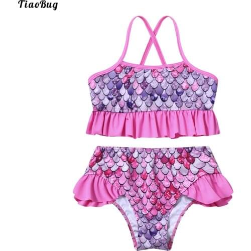 TiaoBug Summer 2Pcs Kids Girls Swimming Suit Fish Scales Print Ruffle Trim Tops And Briefs Set Beach Pool Swimming Bathing Suit