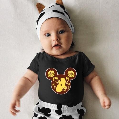 Mickey Mouse Head Belle Beauty and the Beast Newborn Jumpsuit Cartoon Harajuku Kawaii Black White Baby Girl Boy Onesie