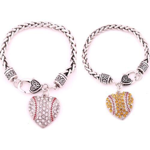 Fashion antique sliver plated zinc studded with sparkling crystal BASEBALL or SOFTBALL heart charm bracelet