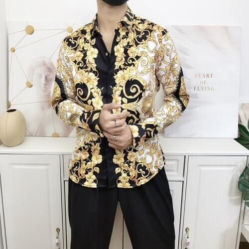 High Street Luxury Royal Gold Printed Shirt Men Long Sleeve Floral Baroque Designer Shirt Men Vintage Party Banquet Souvenir