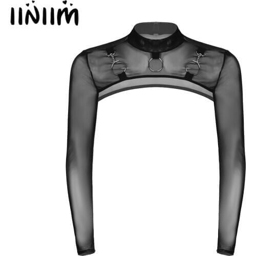 Iiniim Male Mens Mock Neck Moto Sexy Tops Long Sleeve O-Ring Decor T-Shirt See-Through Mesh Half Crop Top Party Clubwear
