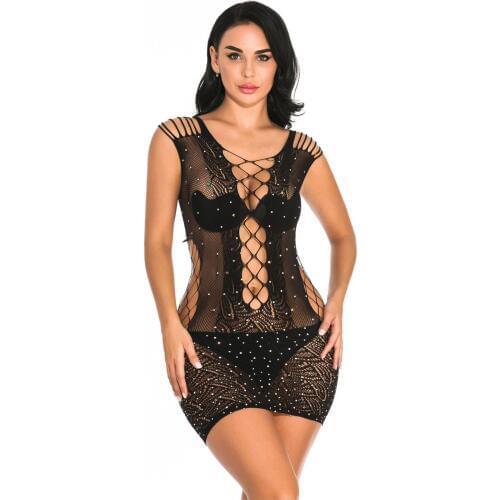Hollow Out Sexy Women Slim Fit Black See-through Mesh Lingerie Nightgowns Shiny Crystal Patchwork Sleeveless Backless Nightdress