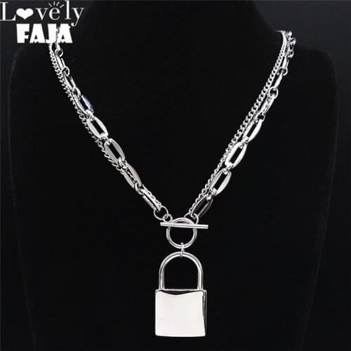 Punk Big Lock Chain Necklaces Women/Men Silver Color Stainless Steel Double Necklace Chains Jewelry pendentif homme NO9S03