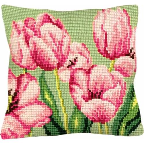 DIY Cross Stitch Cushion Front Pink Tulips Needlepoint Kits Printed Canvas Chunky Yarn Cross-stitch Pillow Case Arts & Crafts