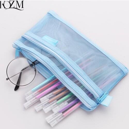 Simple Transparent Double Mesh Bag Pencil Case Office Student Pencil Cases Nylon School Supplies Pen Box