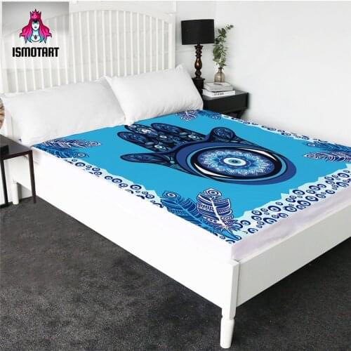 Evil Eye Hamsa by Ismot Esha Fitted Sheet Mandala Topper Sheets Hand Blue Bedding Sheet Peacock Feather Bedlinen drap housse