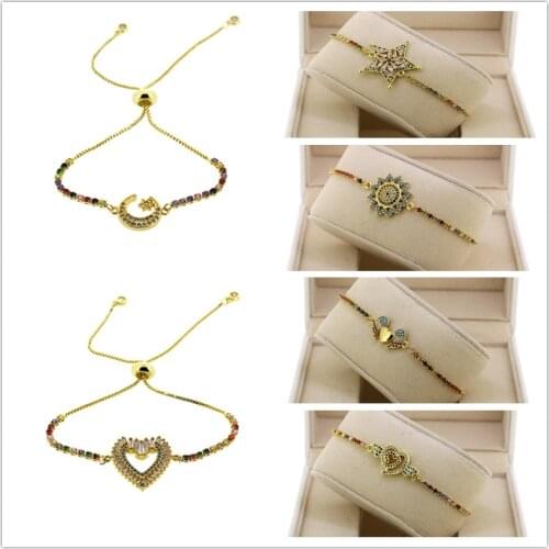 Multi-color CZ Crystal Heart Moon Charms Bangle Women Men Gold Link Bracelet Daily Jewelry