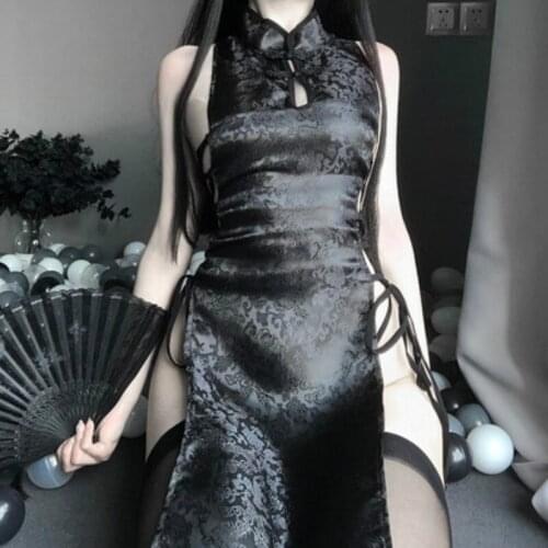 Side Lace-up Transparent Low-Cut Seduction Nightdress Sexy Lingerie Retro Sexy See-through Backless Cheongsam Uniform