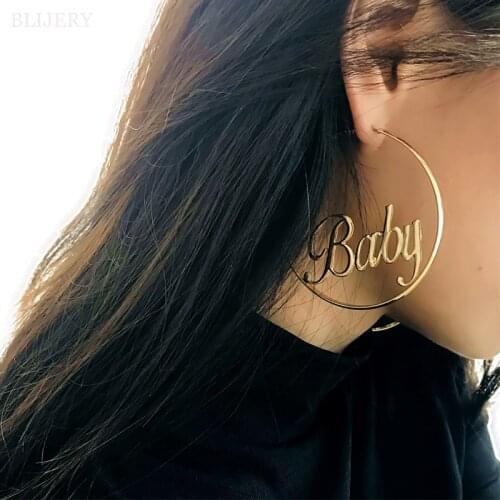 BLIJERY Personality Punk Big Circle with Baby Letter Hoop Earrings for Women Brincos Fashion Jewelry Gift Boucles d'oreilles