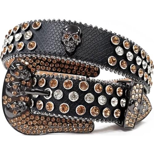 Wide Buckle Western Diamond Studded Belt Cowboy Cowgirl Colorful Skull Rhinestone Belt Cinto De Strass For Women Men Jeans