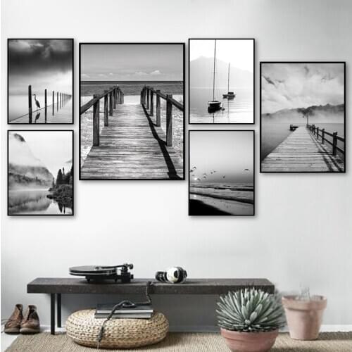 Landscape Canvas Painting Bridge Lake Boat Forest Fog Wall Art Black and White Posters and Prints Nordic Picture Room Decoration
