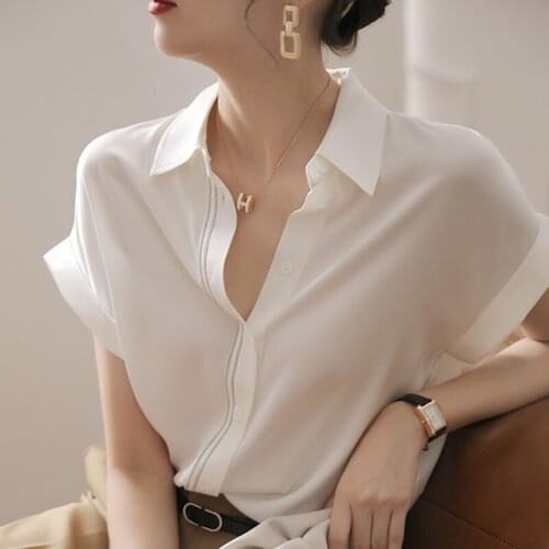 White Silk Shirt Female Summer Short Sleeve White 2021 Button Up Tops for Women V-Neck Chiffon Solid Dropshipping Blouses 1220