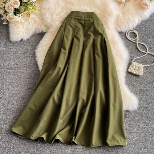 2021 Spring Summer New Korean Style High Waist Long Skirts Womens Plus Size Loose Casual Female Big Swing Army Green Skirt aq653