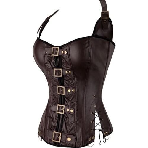 Halterneck Front Zipper Buckle-Up Womens Slimming Body Shapewear Sexy Punk Bustier Top Faux Leather Boned Corset Plus Size