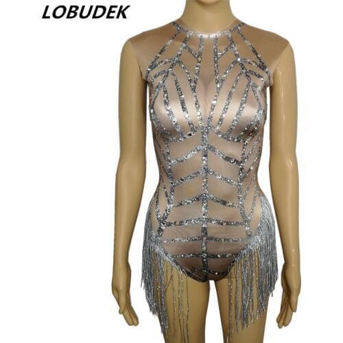 3D Printing Silver Crystals Tassels Bodysuit Lady Costume Bar Nightclub Dance Team Jazz Performance Outfit Pole Dance Stage Wear