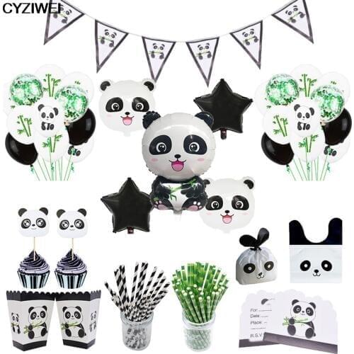 1Set Cut Cartoon Animal Panda Party Garland Foil Balloon Striped Straws Candy Bag Cake Topper Tableware Baby Shower Decoration