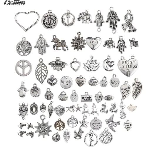 100pcs Mixed Styles Animal Tree Hand Leaf Heart Cross Charms Pendants DIY Yoga Jewelry For Necklace Bracelet Making Accessaries