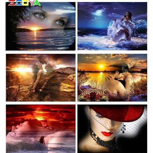 ZOOYA 5D Diamond Painting Woman Cross Stitch Diamond Embroidery Sunset Sea Rhinestone Mosaic Painting Picture Needlework R1462