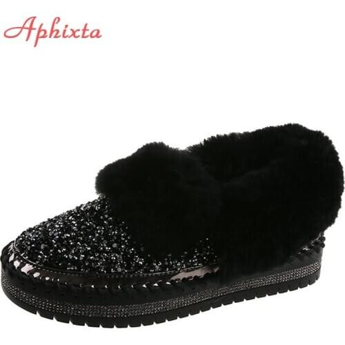 Aphixta Bling Luxury Winter Warm Womens Falts Loafers Crystals 3cm Warm Furry Flat Platform Slip-on Shoes Woman Big Szie 41 42