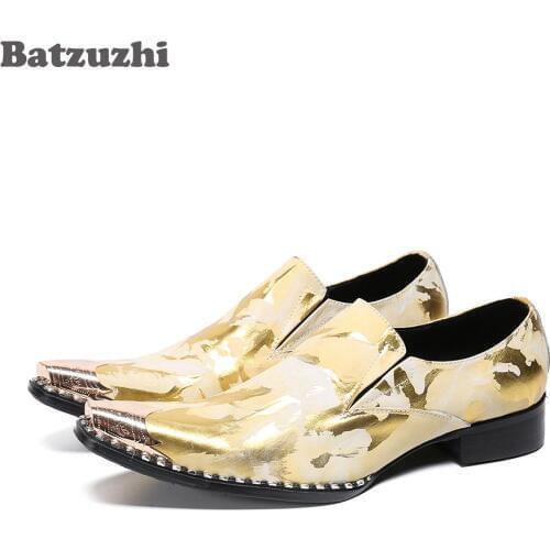 Batzuzhi Luxury Handmade Men Shoes Pointed Metal Tip Gold Leather Dress Shoes Party & Wedding Leather Shoes Zapatos Hombre