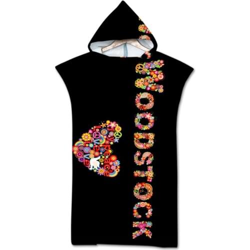Free shipping Novelty Gift Woodstock Peace Love Flower Power Pattern Large Adult Teens Hooded Swim Surf Bath Beach Poncho Towel