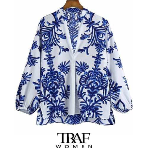 TRAF Za Women Fashion Totem Printed Asymmetric Blouses Vintage Long Sleeve Side Vents Female Shirts Chic Tops