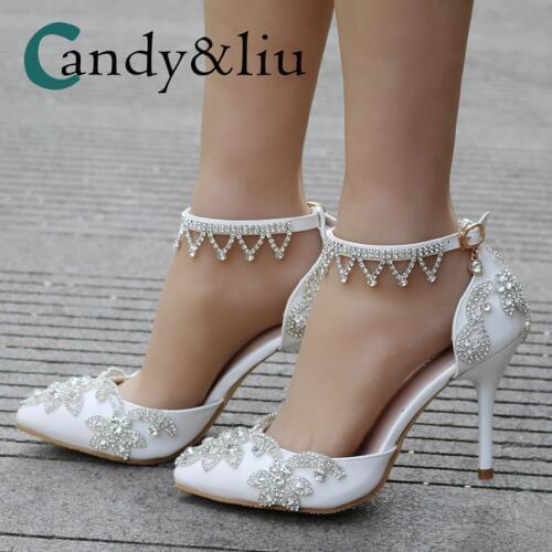 Crystal Flower Shoes Pointed Toe High Heel Women Sandals with Pearl Tassel Ankle Strap Open Side Pumps for Party Banquet Wedding