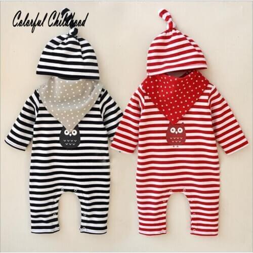 Lovely cozy cotton newborn boy romper baby girls clothes cartoon stripe fox design jumpsuit kid toddler long sleeve outfit+hat