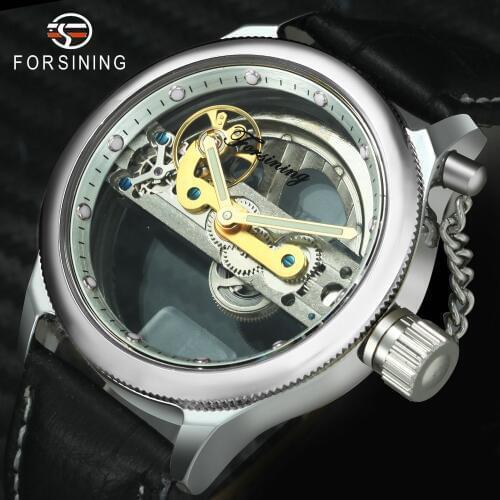 FORSINING Top Brand Luxury Golden Bridge Mechanical Watch Men Genuine Leather Strap Gear Transparent Case Business Wrist Watches