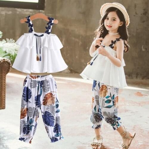 Children Clothes Girls Summer Outfits Teens Girls Strap Tops + Print Pants 2Pcs Clothing Set 4 6 8 10 12 Year Kids Clothes Sets