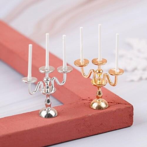 1:12 Scale 1pc 3-arm Miniature Candlesticks Candelabra Dollhouse White Candles Furniture Toy Pretend Play Doll House Accessories