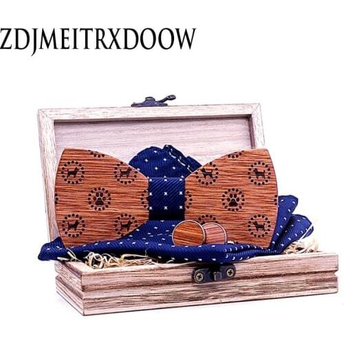 Wooden Engraving Bow Tie Men High Quality Wooden Bow Ties Classic Business Butterfly Solid Wood Cufflinks Hanky Sets T223