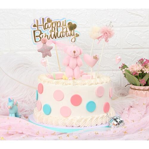 New Pink Bear Wedding Cupcake Topper Cloth Stars Heart Crown Happy Birthday Cake Topper For Girl Birthday Party Cake Decorations