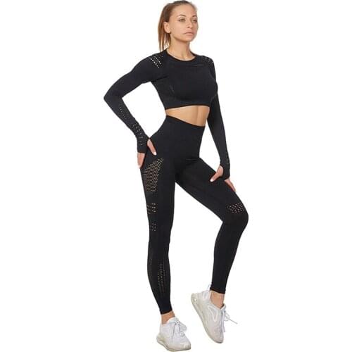 Solid Breathable Seamless 2 Piece Women Gym Fitness Leggings+Cropped Shirts Sport Suit Long Sleeve Lady Tracksuit Yoga Set