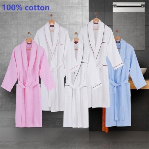 Autumn100% pure Cotton material plain color bathrobe robe Unisex plus size pajamas sauna clothes set waffle nightshirt Sleepwear
