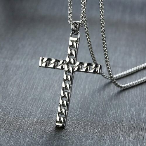 Religious Jewelry Large Chain Shaped Hollow Out Cross Pendants Necklace in Stainless Steel Baptism Gift Confirmation Gift