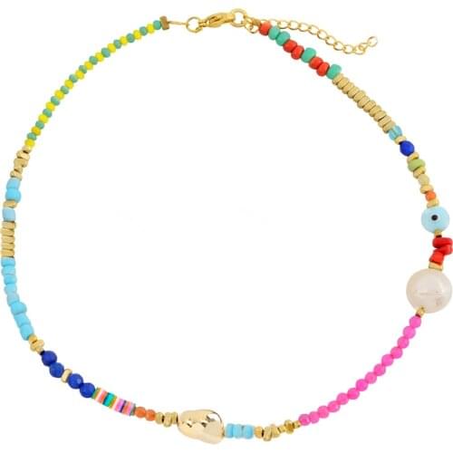 Handmade blue beads necklace women neck accessories bohemian fashion eye SHELL flower chokers jewelry bohemian boho beach