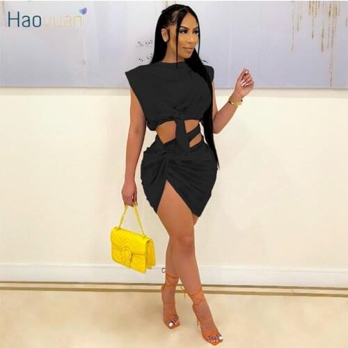 HAOYUAN Sexy Bandage Two Piece Set Sleeveless Crop Top Bodycon Mini Skirts Summer Beachwear Outfits for Women Club Matching Sets