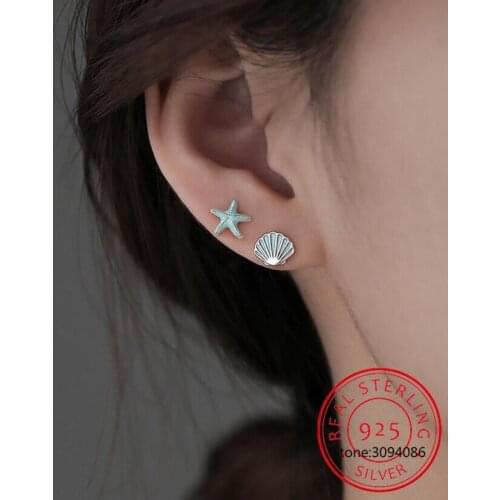 Genuine 925 Sterling Silver Starfish Shell Earrings for Girl Daughter Enamel Colorful Asymmetric Stud Earring 925 Silver Jewelry