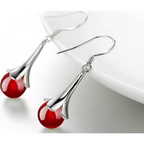 Wedding Bridal Women Dangle Earrings Jewelry Natural Agata Drop Earring Round Ball Red Black Stone Beads Ear Drop Earrin EA