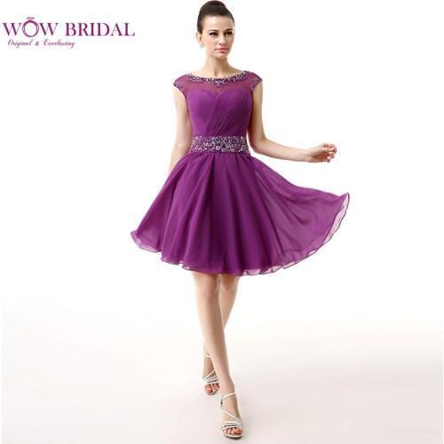 Wowbridal Graceful Purple Short Prom Dresses 2021 Scoop Open Back A-line Crystal Beaded Formal Gown SH0044