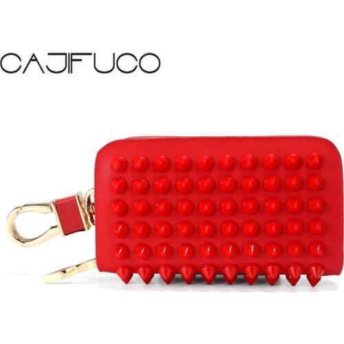 CAJIFUCO Japan Korean Women Stud Key Holder Wallet Genuine Leather Key Leather Wallet Car Key Wallet Rivet Coin Purse Keychain