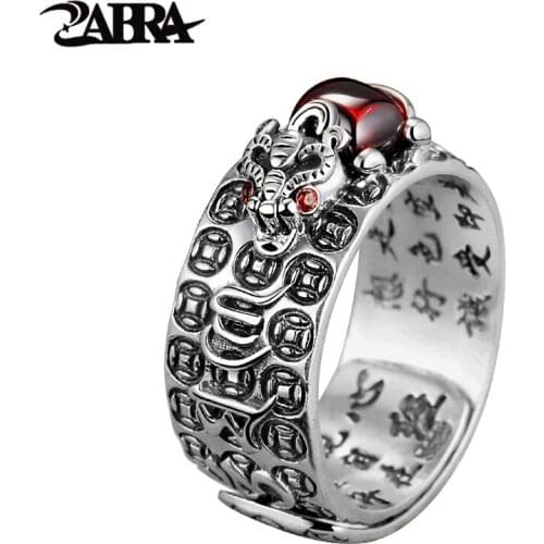 ZABRA 925 Sterling Silver Religion Adjustable Size 7.5 to 11.5 Ring For Women Men Lettering Brave Troops Red Zircon Birthday