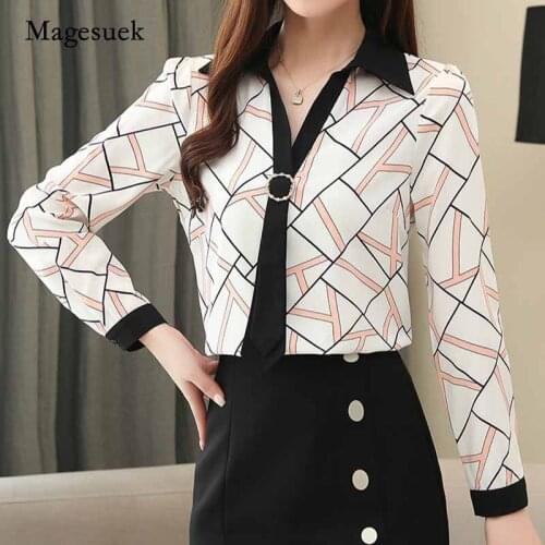 2020 Diamond-embedded Casual Long Sleeve Chiffon Womens Blouse V-neck Pullover Ladies Shirt Turn-down Collar Blusas Mujer 8088