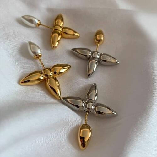 AOMU Summer New French Simple Retro Fashion Gold Silver Color Imitated-cross Metal Stud Earrings for Women Daily Trip Jewelry