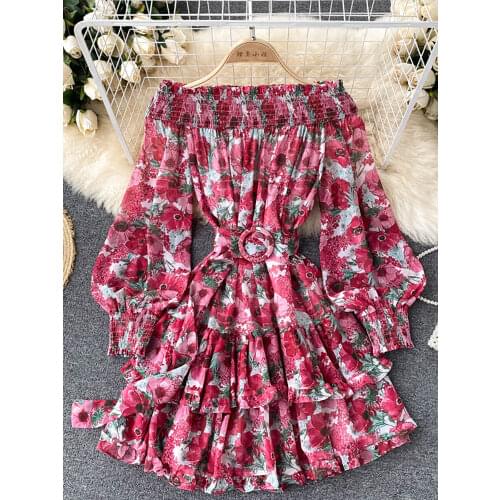 Sexy Slash Neck Floral Mini Dress Women Autumn Lantern Sleeve High Waist Ruffle Vestidos With Sashes Female Vacation Beach Robe