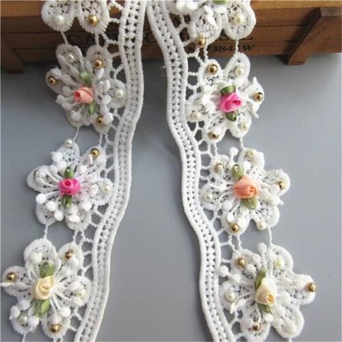 12X Cotton White Colorful Rose Flower Gold Pearl Embroidered Lace Trim Ribbon Sewing Supplies Craft For Costumes Decoration 55mm