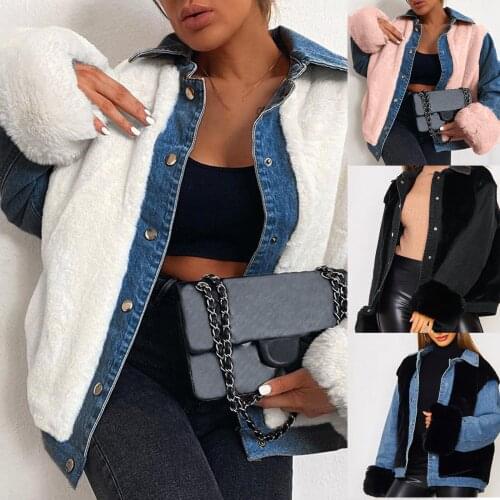 2021 New Women Patchwork Plush Denim Jacket Ladies Winter Thick Warm Fleece Long Sleeve Lapel Denim Coats Outerwear Streetwear