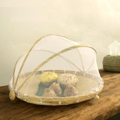 Bamboo Tent Basket Hand Woven Tray Anti Bug Food Fruit Container Net Mesh Cover Hand Woven Anti Bug Dust Proof