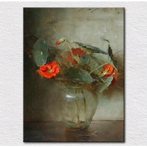 Canavs print hand-painted impression art red flower lotus in glass vase beautiful wall decor art